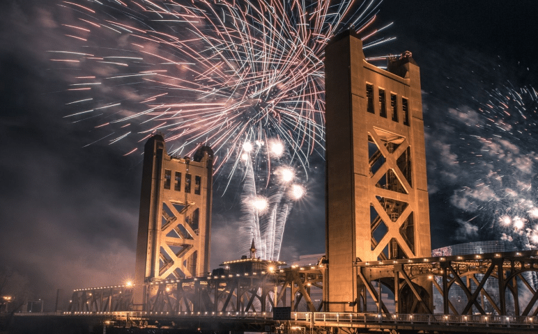 West Sacramento Bridge with fireworks night